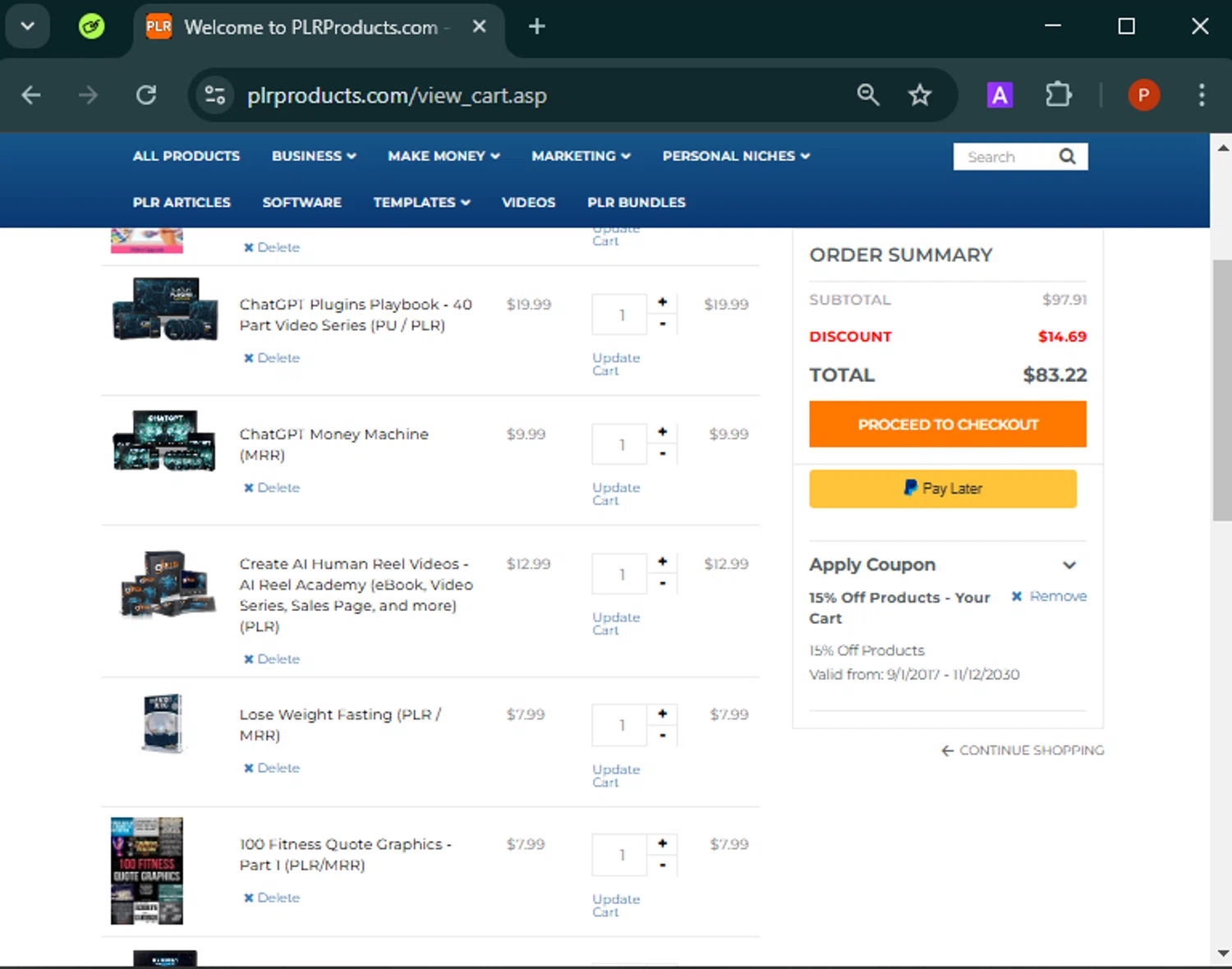 PLR Products promo code screenshot showing code plrcart15 applied at PLR Products checkout page. Uploaded by SimplyCodes community member Isabelle_adjanichamber on Jan 15, 2025