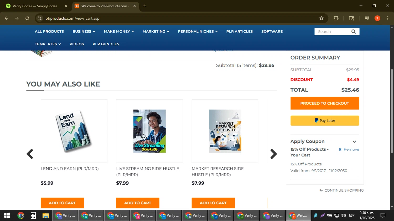 PLR Products promo code screenshot showing code plrcart15 applied at PLR Products checkout page. Uploaded by SimplyCodes community member ShrewdAce8338 on Oct 1, 2025