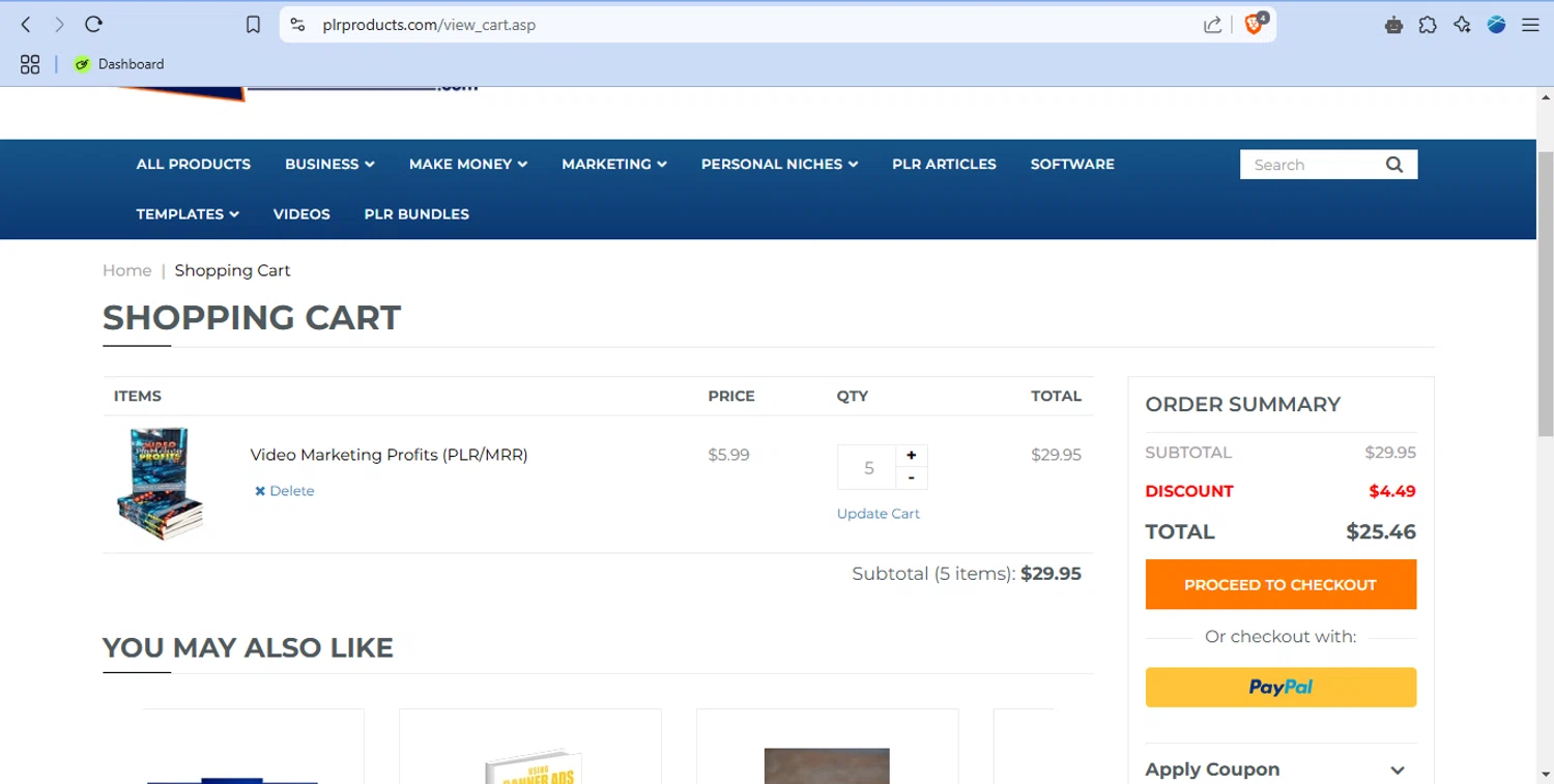 PLR Products promo code screenshot showing code plrcart15 applied at PLR Products checkout page. Uploaded by SimplyCodes community member tulomalkovich on Feb 13, 2025