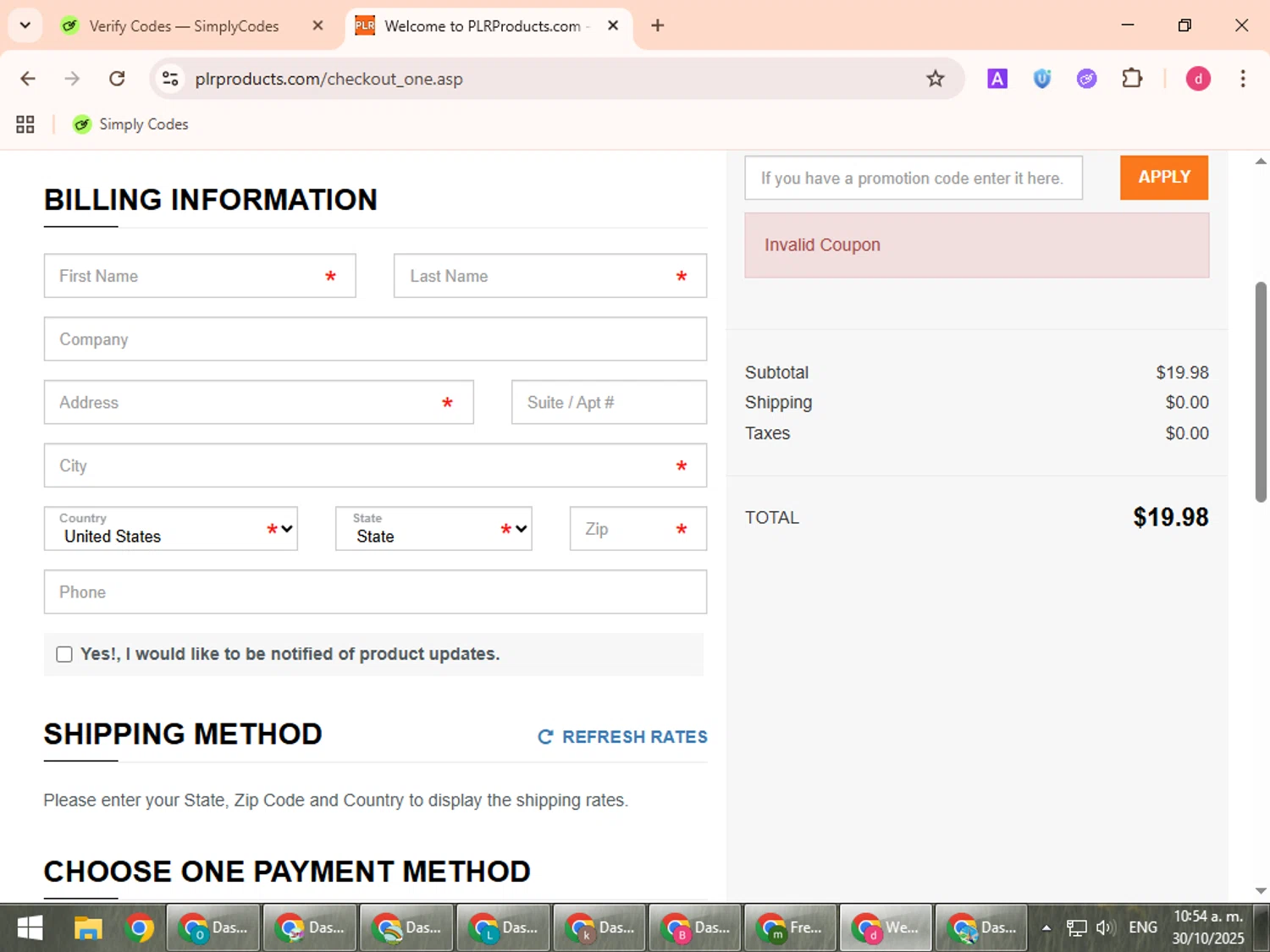 PLR Products promo code screenshot showing code SIDEHUSTLE20 applied at PLR Products checkout page. Uploaded by SimplyCodes community member BudgetVoyager5452 on Oct 30, 2025