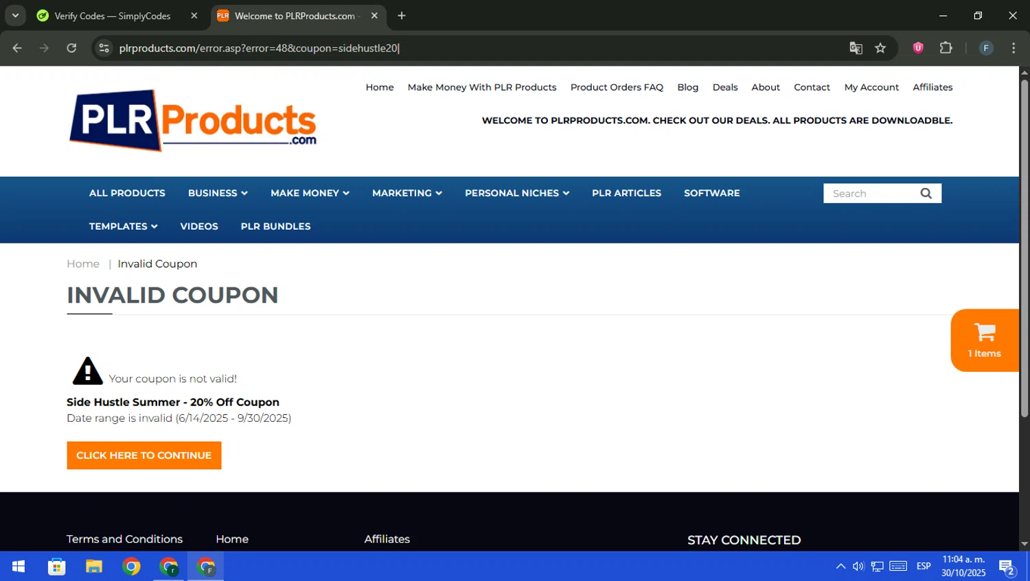 PLR Products promo code screenshot showing code SIDEHUSTLE20 applied at PLR Products checkout page. Uploaded by SimplyCodes community member pajarito on Oct 30, 2025