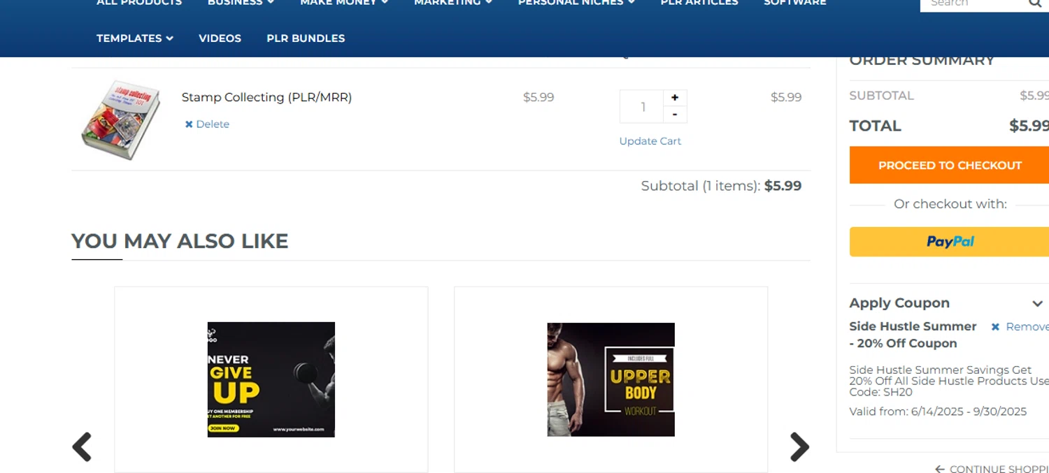 PLR Products promo code screenshot showing code SIDEHUSTLE20 applied at PLR Products checkout page. Uploaded by SimplyCodes community member ashe1986 on Aug 15, 2025