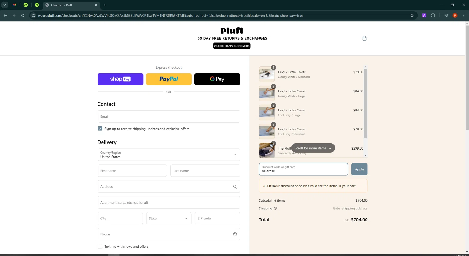 Plufl discount code screenshot showing code Allierose applied at Plufl checkout page. Uploaded by SimplyCodes community member Isabelle_adjanichamber on Mar 7, 2025
