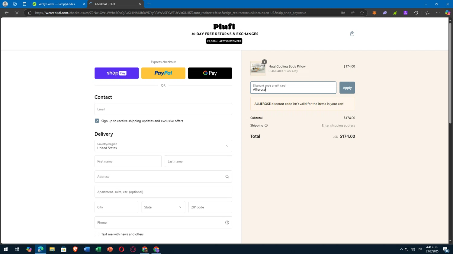 Plufl discount code screenshot showing code Allierose applied at Plufl checkout page. Uploaded by SimplyCodes community member yasabesssss on Feb 21, 2025