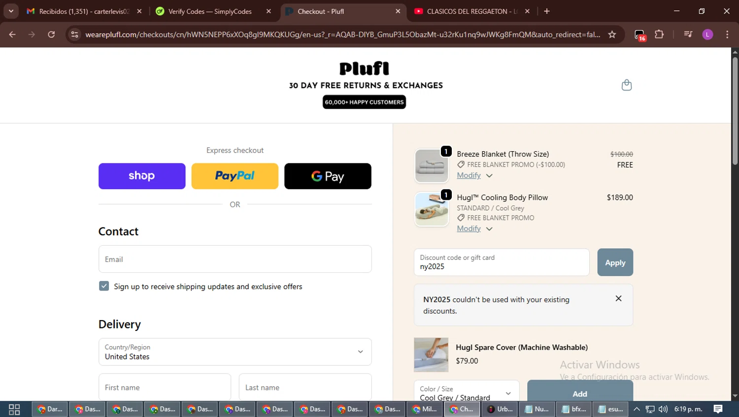Plufl discount code screenshot showing code ny2025 applied at Plufl checkout page. Uploaded by SimplyCodes community member RewardScout5160 on Nov 16, 2025