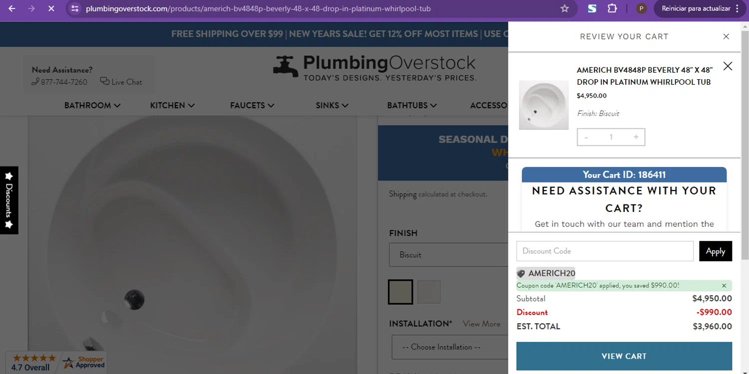 Plumbing Overstock discount code screenshot showing code americh20 applied at Plumbing Overstock checkout page. Uploaded by SimplyCodes community member paolacampos1 on Jan 3, 2025