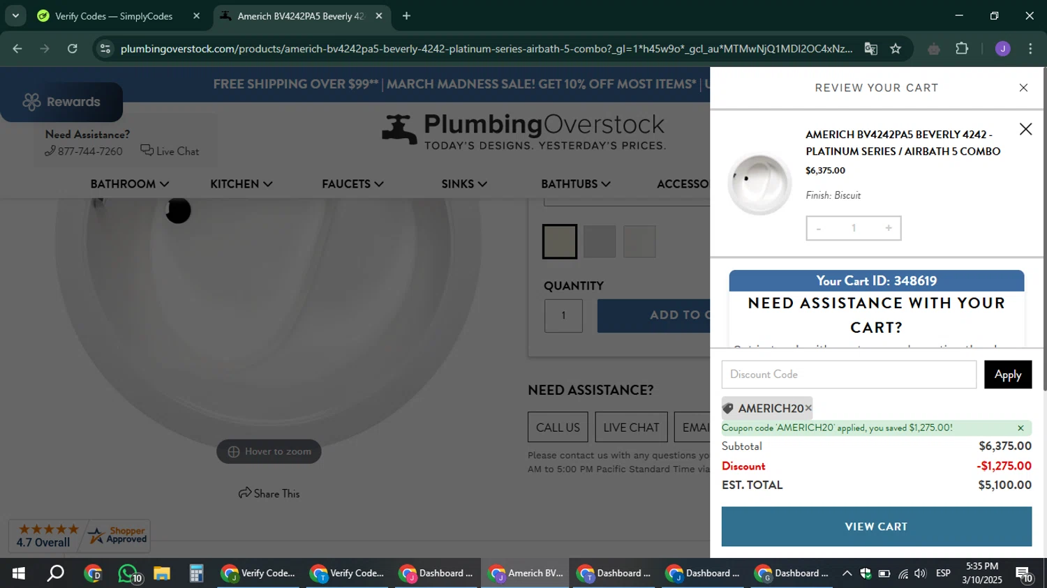 Plumbing Overstock discount code screenshot showing code americh20 applied at Plumbing Overstock checkout page. Uploaded by SimplyCodes community member sniderjack453 on Mar 10, 2025