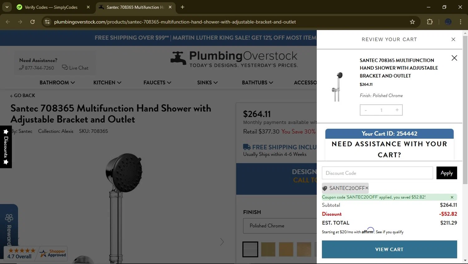 Plumbing Overstock discount code screenshot showing code SANTEC20OFF applied at Plumbing Overstock checkout page. Uploaded by SimplyCodes community member GloriousFinder8415 on Jan 28, 2025