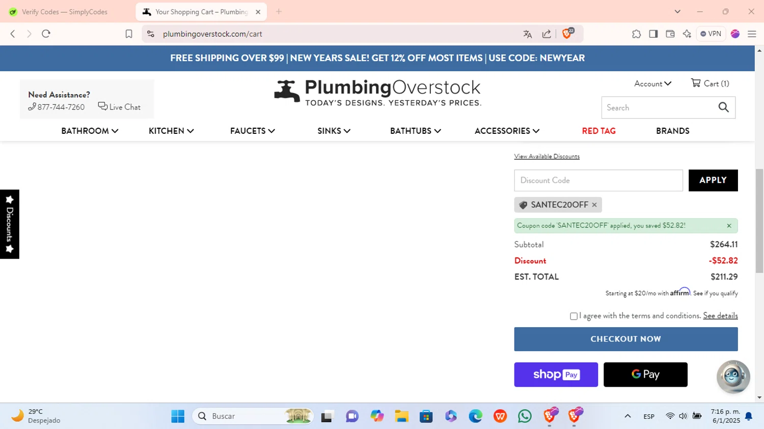 Plumbing Overstock discount code screenshot showing code SANTEC20OFF applied at Plumbing Overstock checkout page. Uploaded by SimplyCodes community member underwater on Jan 6, 2025