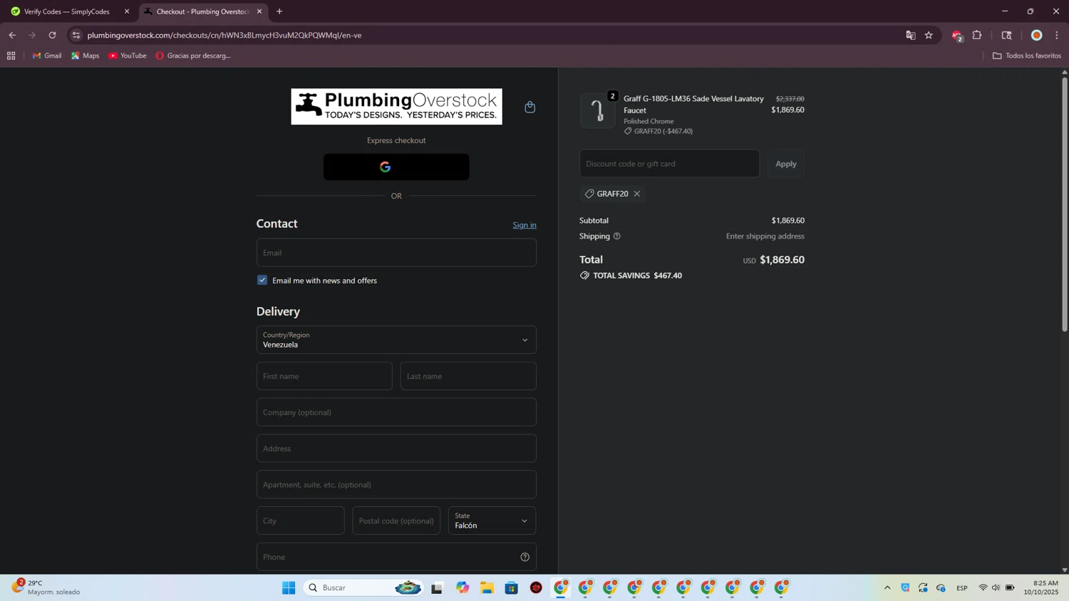 Plumbing Overstock discount code screenshot showing code GRAFF20 applied at Plumbing Overstock checkout page. Uploaded by SimplyCodes community member CrownPioneer7057 on Oct 10, 2025
