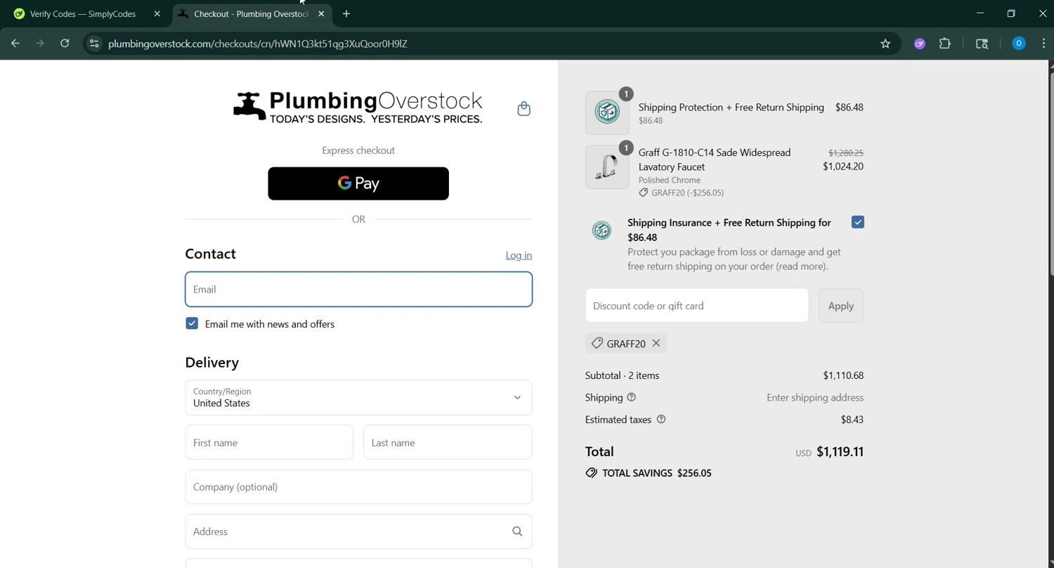 Plumbing Overstock discount code screenshot showing code GRAFF20 applied at Plumbing Overstock checkout page. Uploaded by SimplyCodes community member RoyalSage9159 on Aug 4, 2025