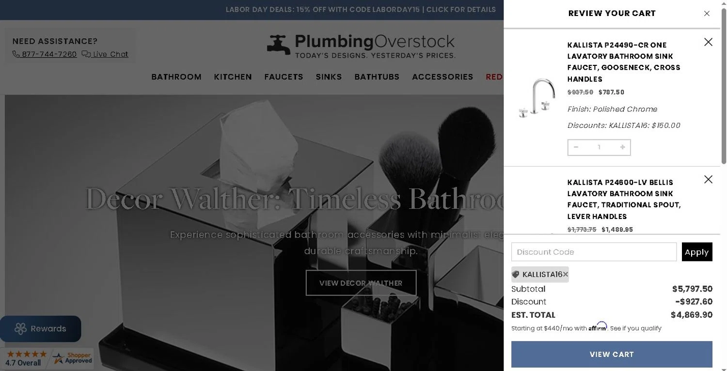 Plumbing Overstock discount code screenshot showing code KALLISTA16 applied at Plumbing Overstock checkout page. Uploaded by SimplyCodes community member LAMINEJAMAL on Aug 21, 2025