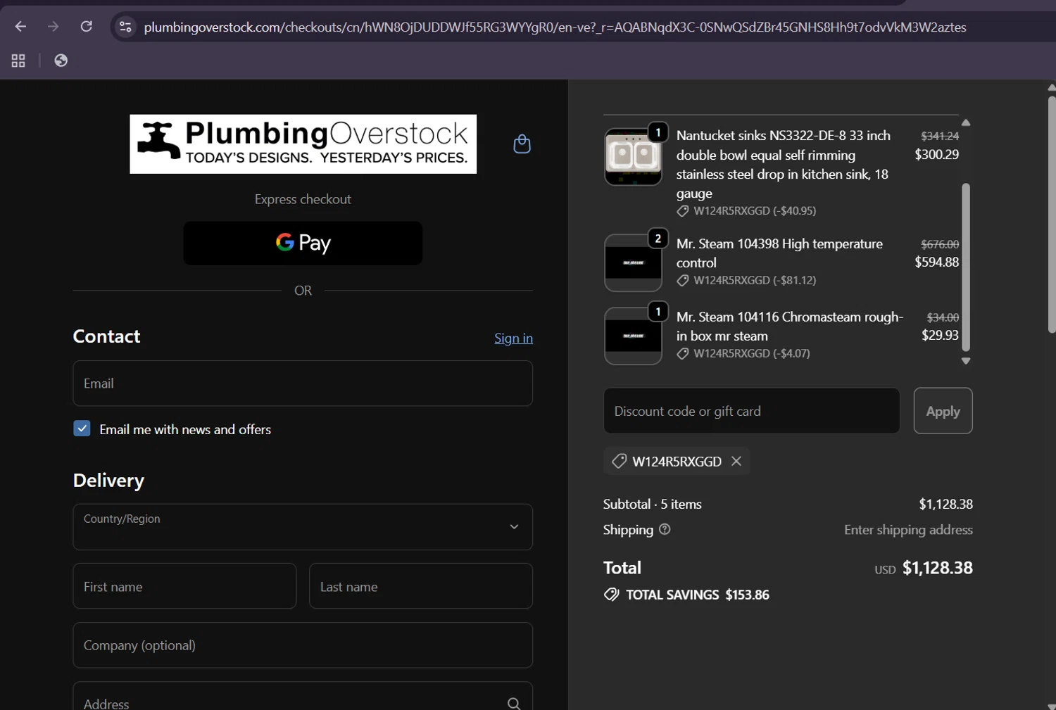 Plumbing Overstock discount code screenshot showing code W124R5RXGGD applied at Plumbing Overstock checkout page. Uploaded by SimplyCodes community member ScanHunter7116 on Feb 4, 2026