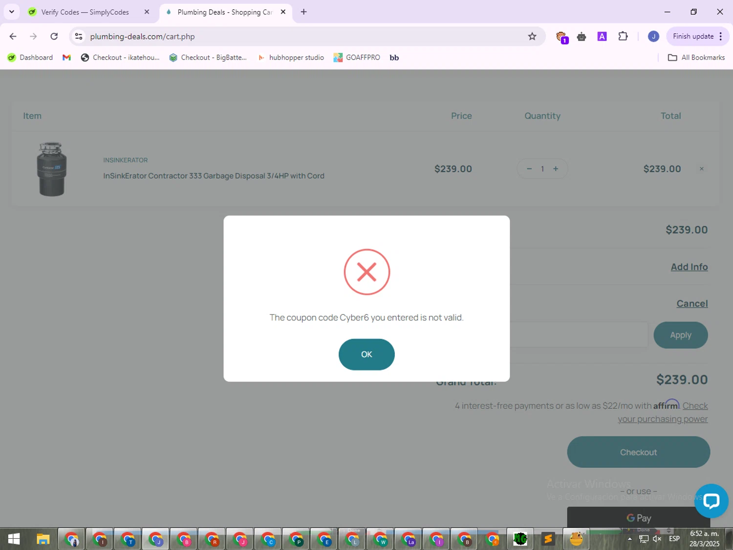 Plumbings-Deals promo code screenshot showing code CYBER6 applied at Plumbings-Deals checkout page. Uploaded by SimplyCodes community member VoucherLegend6452 on Mar 28, 2025