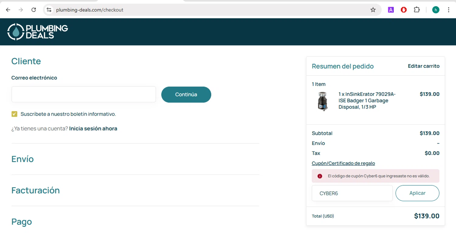 Plumbings-Deals promo code screenshot showing code CYBER6 applied at Plumbings-Deals checkout page. Uploaded by SimplyCodes community member VictoriousGuardian220 on Mar 28, 2025