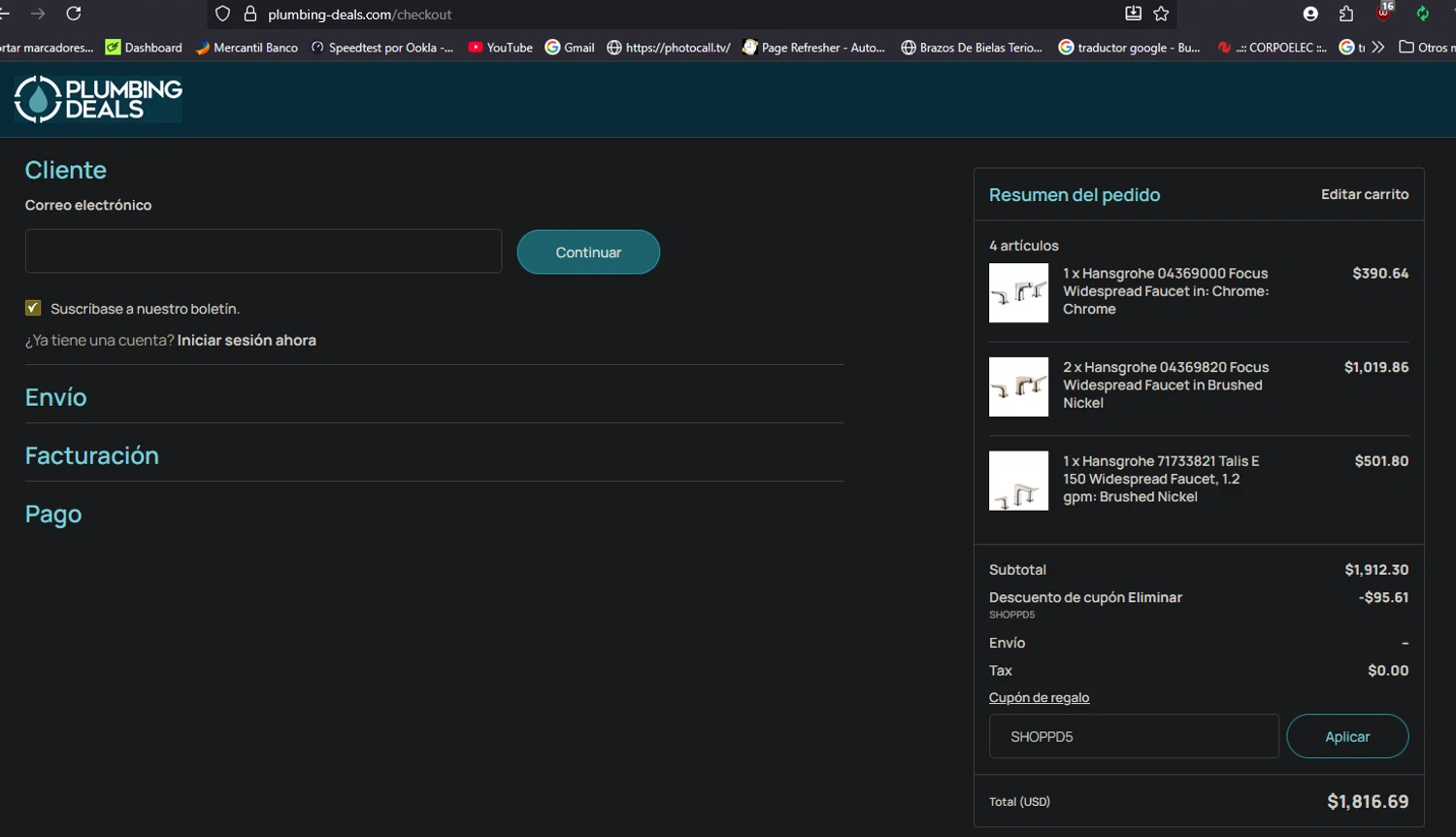 Plumbings-Deals promo code screenshot showing code SHOPPD5 applied at Plumbings-Deals checkout page. Uploaded by SimplyCodes community member aliriotrasmonte on Nov 11, 2025