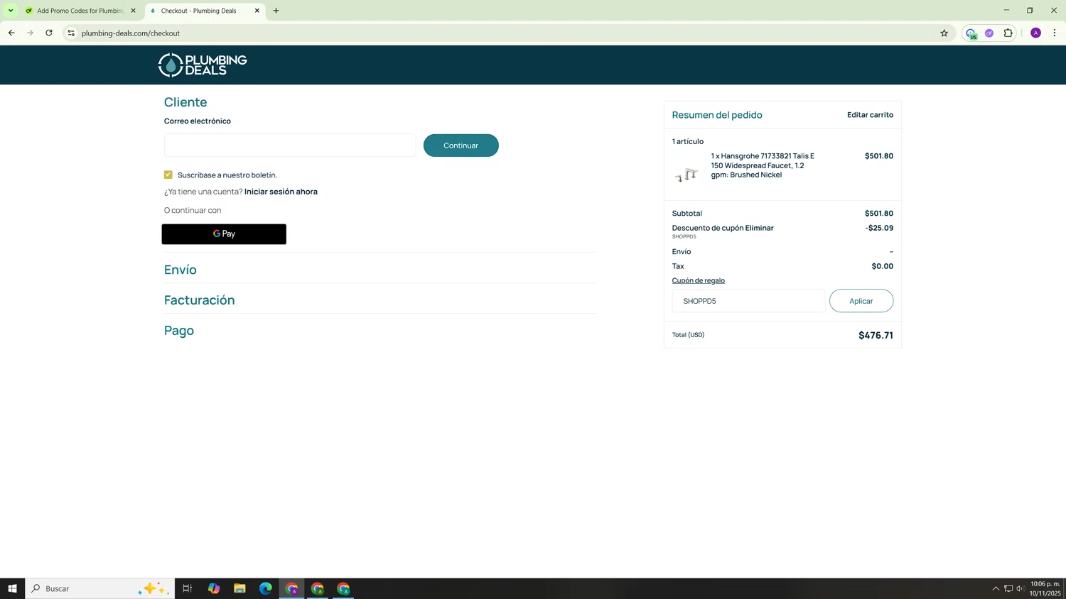 Plumbings-Deals promo code screenshot showing code SHOPPD5 applied at Plumbings-Deals checkout page. Uploaded by SimplyCodes community member Hasta_El_Final on Nov 11, 2025