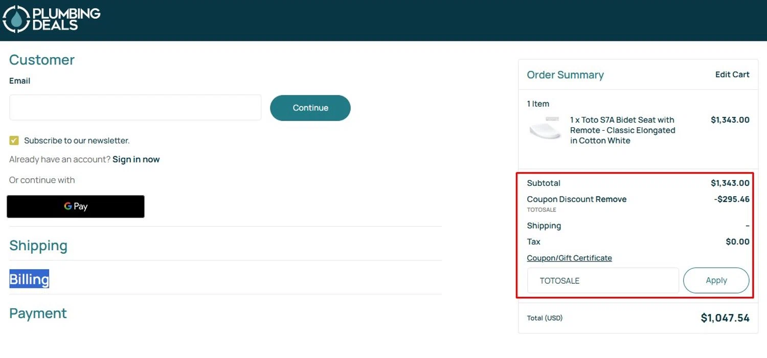 Plumbings-Deals promo code screenshot showing code TOTOSALE applied at Plumbings-Deals checkout page. Uploaded by SimplyCodes community member Swiftdealz on Dec 5, 2025