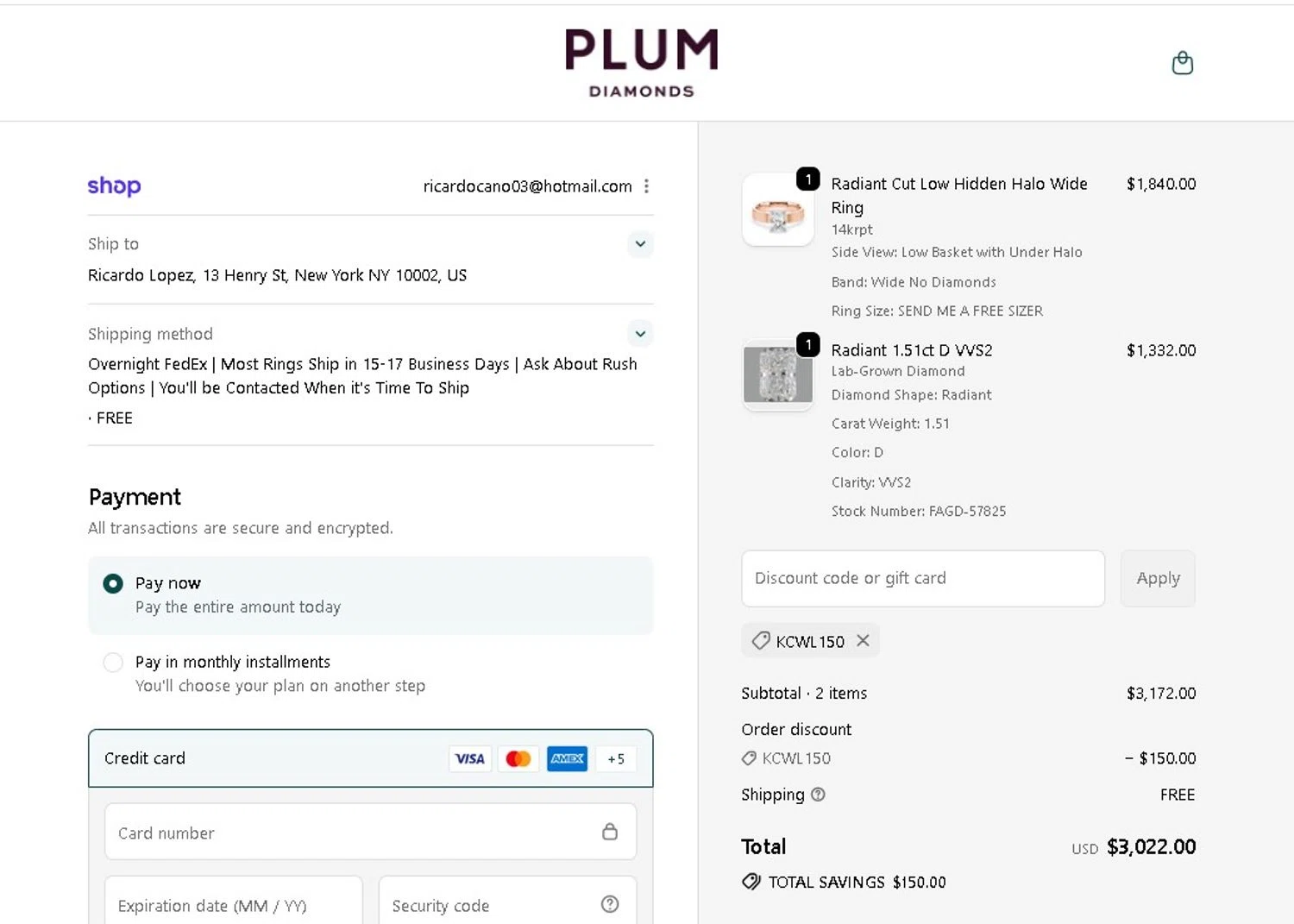 Plum Diamonds discount code screenshot showing code KCWL150 applied at Plum Diamonds checkout page. Uploaded by SimplyCodes community member LAMINEJAMAL on Sep 23, 2025
