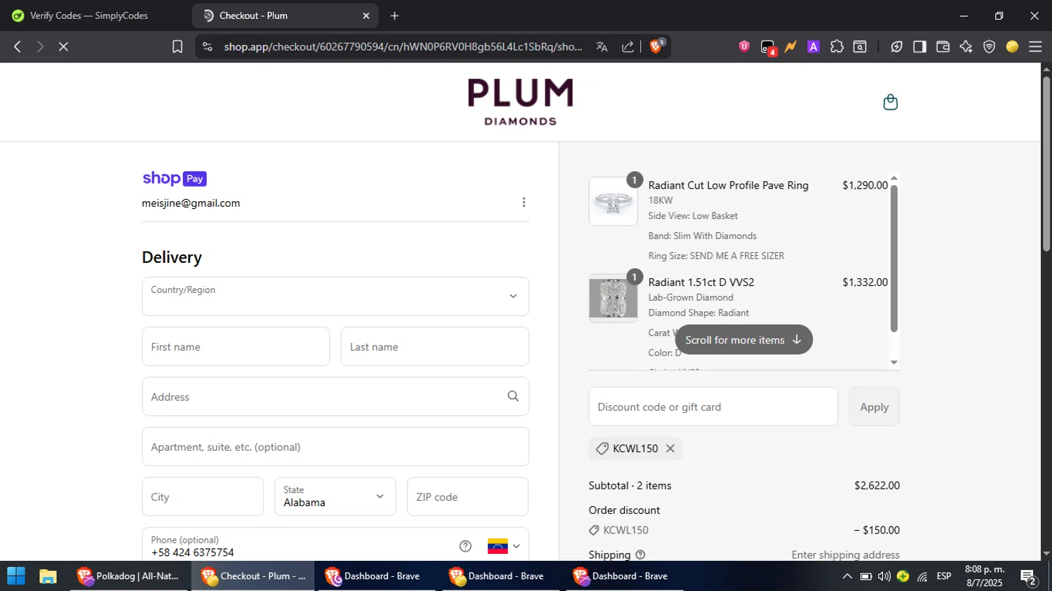Plum Diamonds discount code screenshot showing code KCWL150 applied at Plum Diamonds checkout page. Uploaded by SimplyCodes community member MoneyPilot9165 on Jul 9, 2025