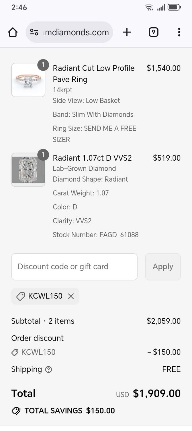 Plum Diamonds discount code screenshot showing code KCWL150 applied at Plum Diamonds checkout page. Uploaded by SimplyCodes community member franksanchez on Jul 22, 2025