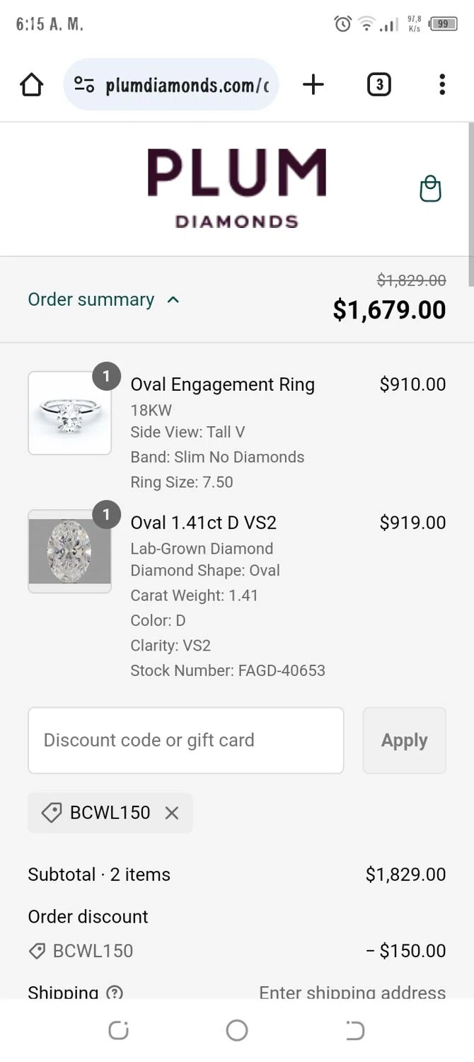 Plum Diamonds discount code screenshot showing code BCWL150 applied at Plum Diamonds checkout page. Uploaded by SimplyCodes community member alexmarygomez on Jan 30, 2025