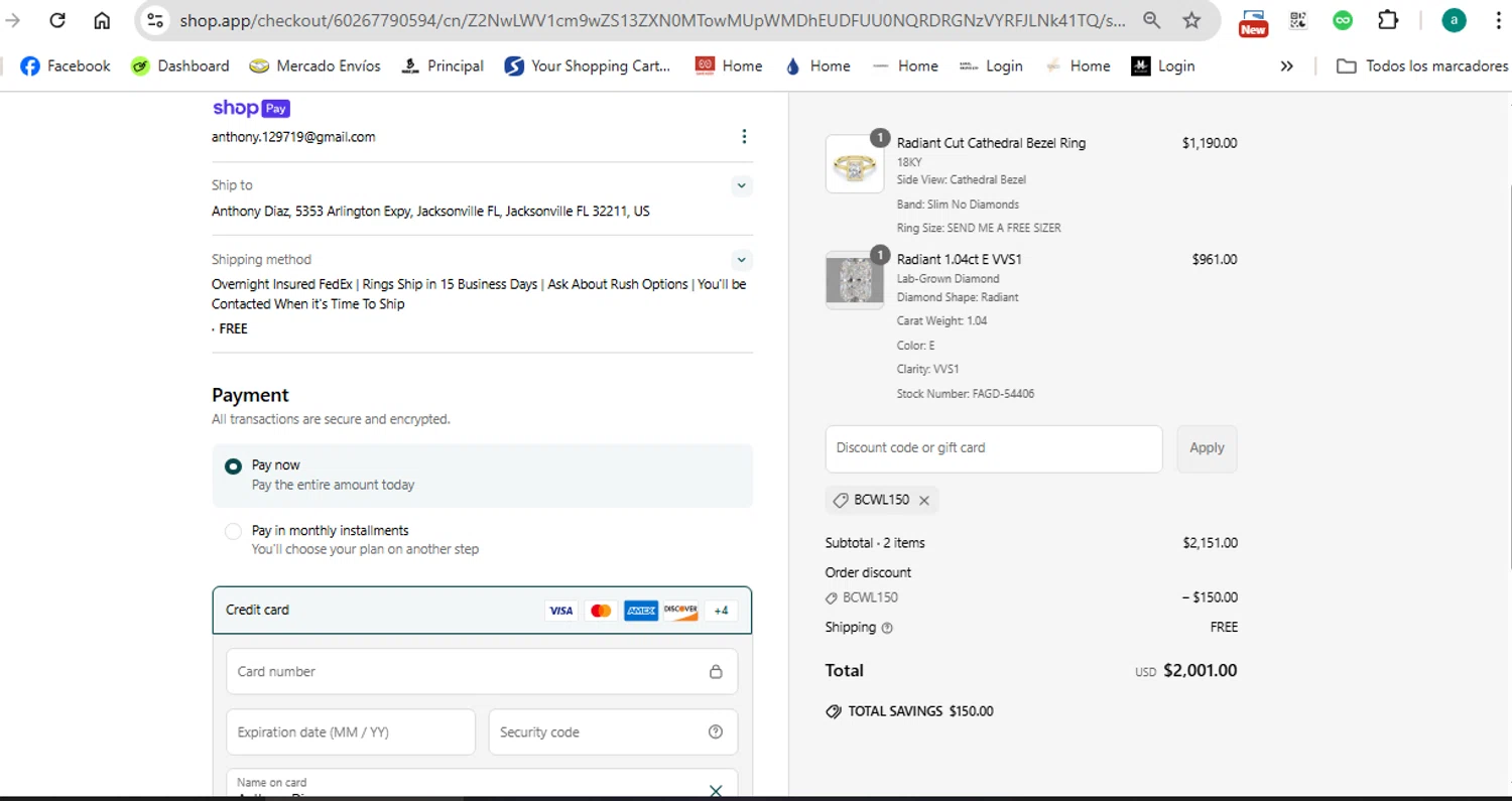 Plum Diamonds discount code screenshot showing code BCWL150 applied at Plum Diamonds checkout page. Uploaded by SimplyCodes community member anthonydiaz1 on May 11, 2025