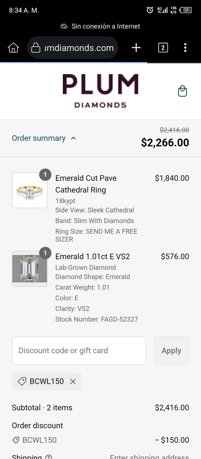 Plum Diamonds discount code screenshot showing code BCWL150 applied at Plum Diamonds checkout page. Uploaded by SimplyCodes community member MightyOwl7578 on Feb 21, 2025