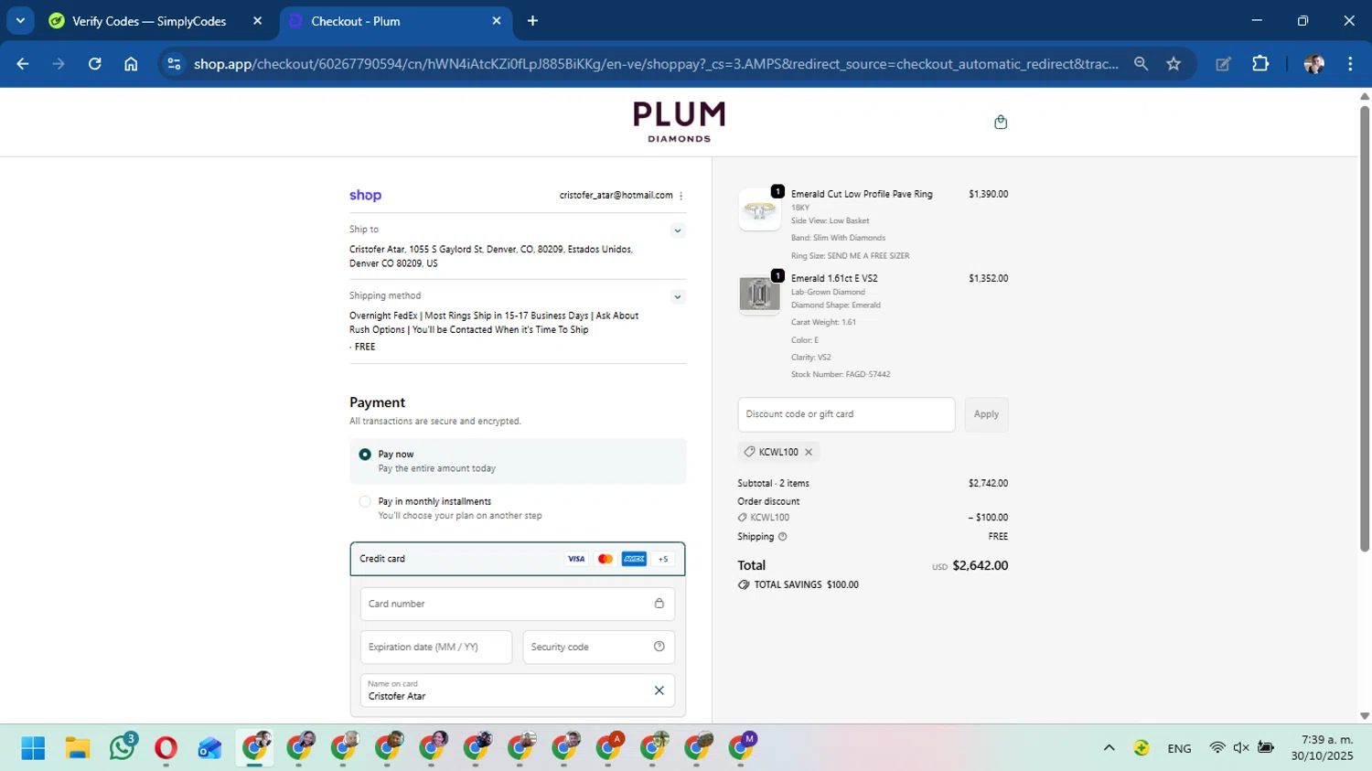 Plum Diamonds discount code screenshot showing code KCWL100 applied at Plum Diamonds checkout page. Uploaded by SimplyCodes community member DavidMGF on Oct 30, 2025