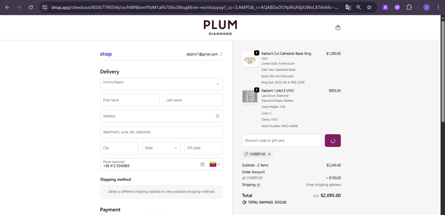 Plum Diamonds discount code screenshot showing code CHEER150 applied at Plum Diamonds checkout page. Uploaded by SimplyCodes community member joineds on Dec 26, 2025
