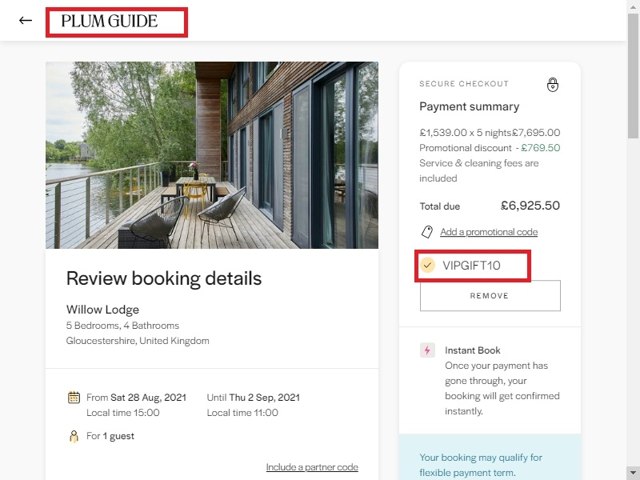 Plum Guide checkout page showing Plum Guide promo code box | Screenshot taken by SimplyCodes community member on Jul 23, 2021