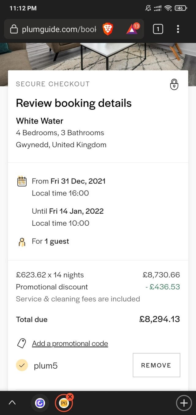 Plum Guide checkout page showing Plum Guide promo code box | Screenshot taken by SimplyCodes community member on Dec 25, 2021
