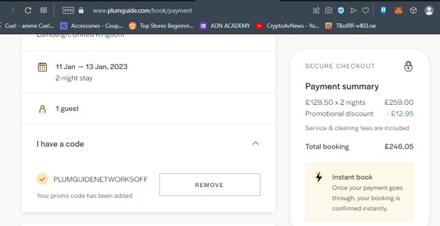 Plum Guide checkout page showing Plum Guide promo code box | Screenshot taken by SimplyCodes community member on Dec 29, 2022
