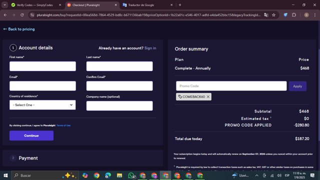 Pluralsight checkout page showing Pluralsight promo code box | Screenshot taken by SimplyCodes community member on Sep 7, 2025