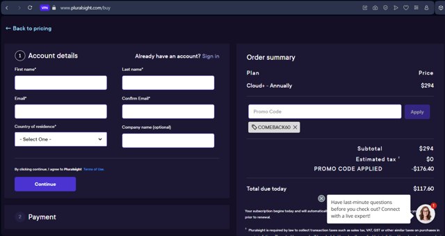 Pluralsight checkout page showing Pluralsight promo code box | Screenshot taken by SimplyCodes community member on Aug 25, 2025