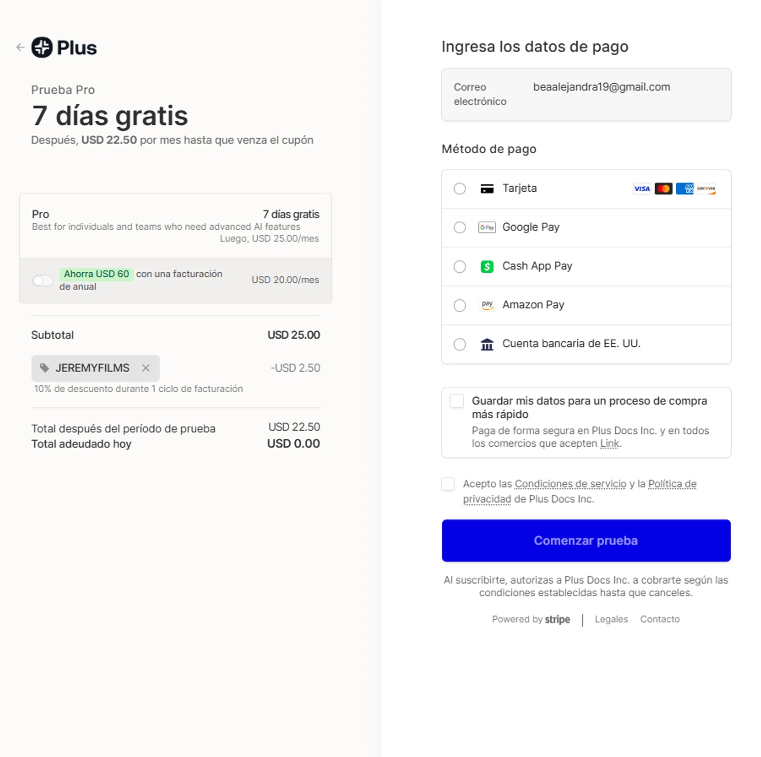 Plus AI US promo code screenshot showing code JEREMYFILMS applied at Plus AI US checkout page. Uploaded by SimplyCodes community member Beaaalmera on Dec 11, 2025