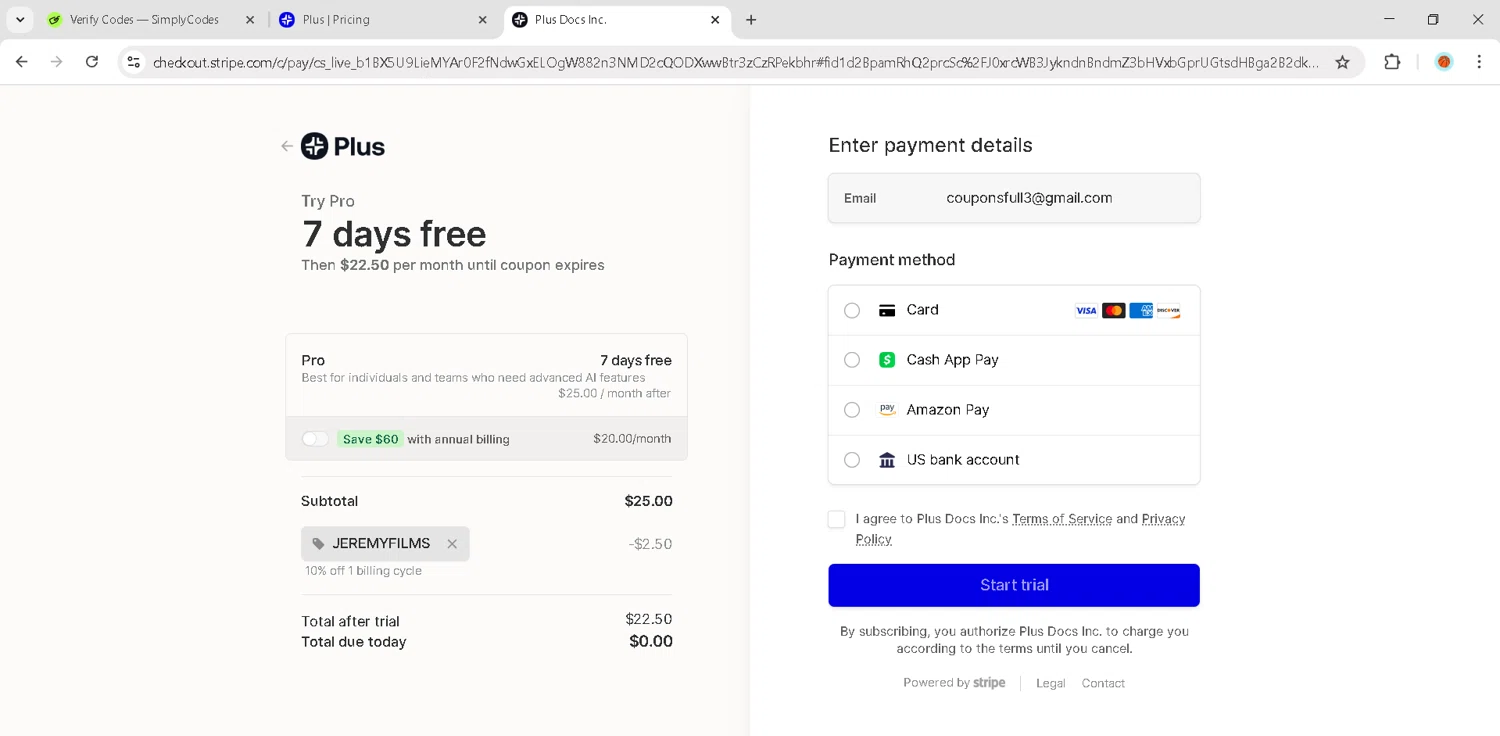 Plus AI US checkout page showing Plus AI US promo code box | Screenshot taken by SimplyCodes community member on Sep 15, 2025