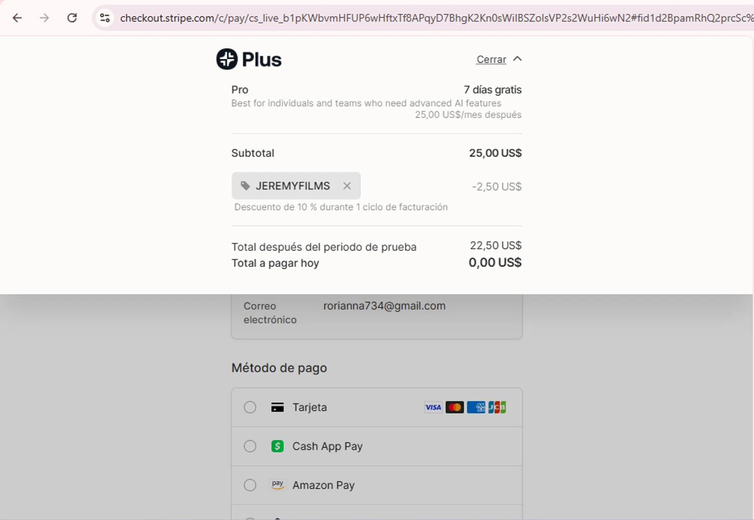 Plus AI US promo code screenshot showing code JEREMYFILMS applied at Plus AI US checkout page. Uploaded by SimplyCodes community member PromoExpert5262 on Oct 14, 2025