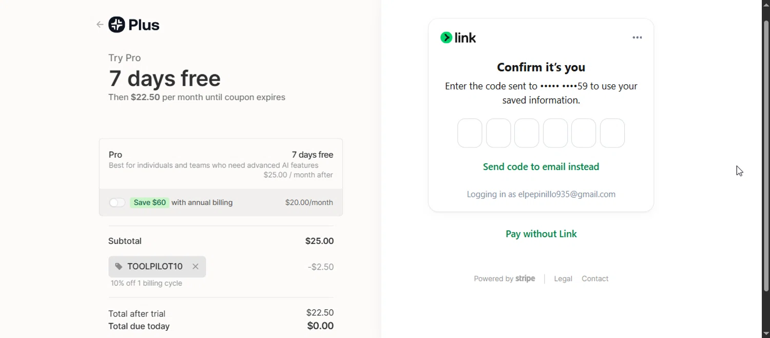 Plus AI US promo code screenshot showing code TOOLPILOT10 applied at Plus AI US checkout page. Uploaded by SimplyCodes community member Enmanuel99 on Sep 19, 2025