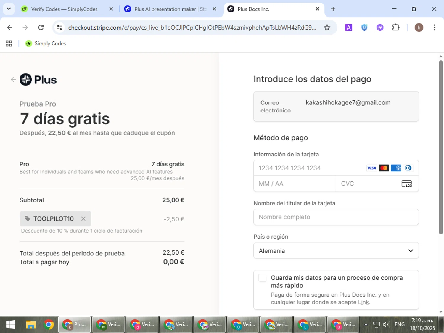 Plus AI US promo code screenshot showing code TOOLPILOT10 applied at Plus AI US checkout page. Uploaded by SimplyCodes community member RewardRanger298 on Oct 18, 2025