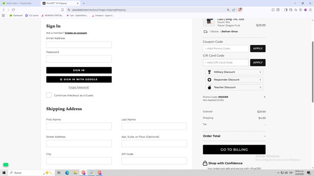 Plus CBD Oil checkout page showing Plus CBD Oil coupon code box | Screenshot taken by SimplyCodes community member on Aug 22, 2025