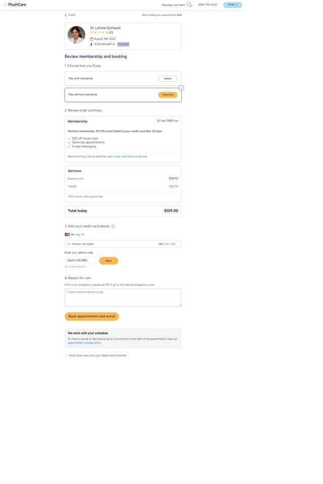 PlushCare checkout page showing PlushCare promo code box | Screenshot taken by SimplyCodes community member on Aug 14, 2023