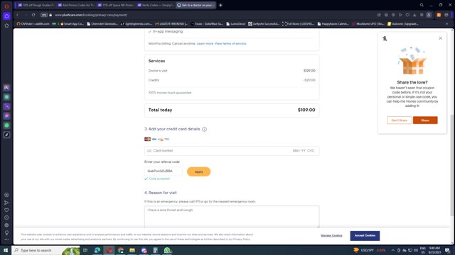 PlushCare checkout page showing PlushCare promo code box | Screenshot taken by SimplyCodes community member on Aug 23, 2023