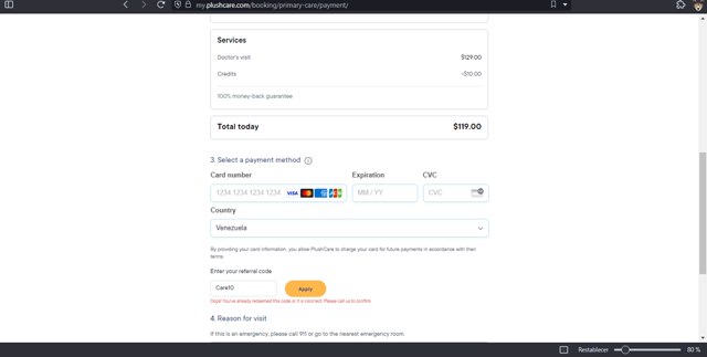PlushCare checkout page showing PlushCare promo code box | Screenshot taken by SimplyCodes community member on Apr 24, 2024