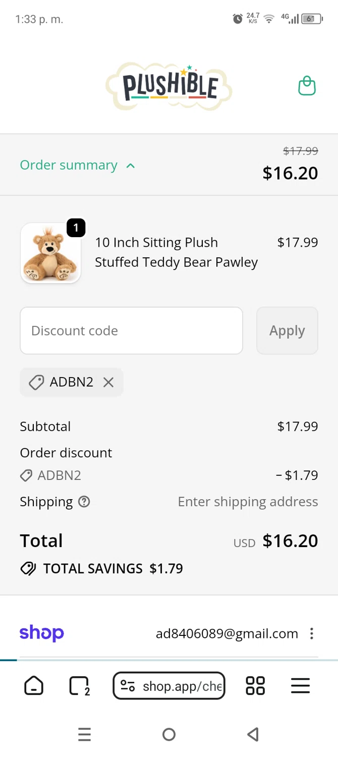 Plushible promo code screenshot showing code ADBN2 applied at Plushible checkout page. Uploaded by SimplyCodes community member AnthonyGuapeton94 on Jan 8, 2026
