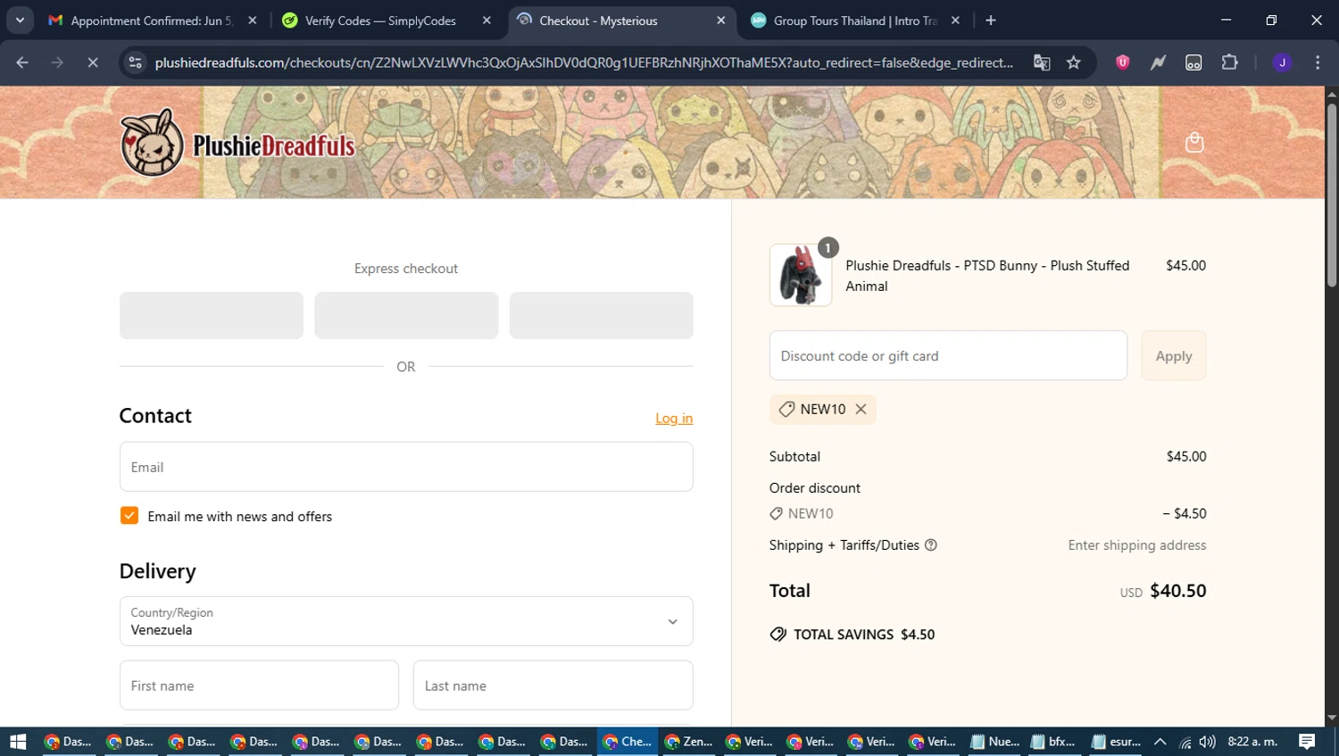 Plushie Dreadfuls Official promo code screenshot showing code NEW10 applied at Plushie Dreadfuls Official checkout page. Uploaded by SimplyCodes community member LegendaryLegend9872 on Jun 10, 2025