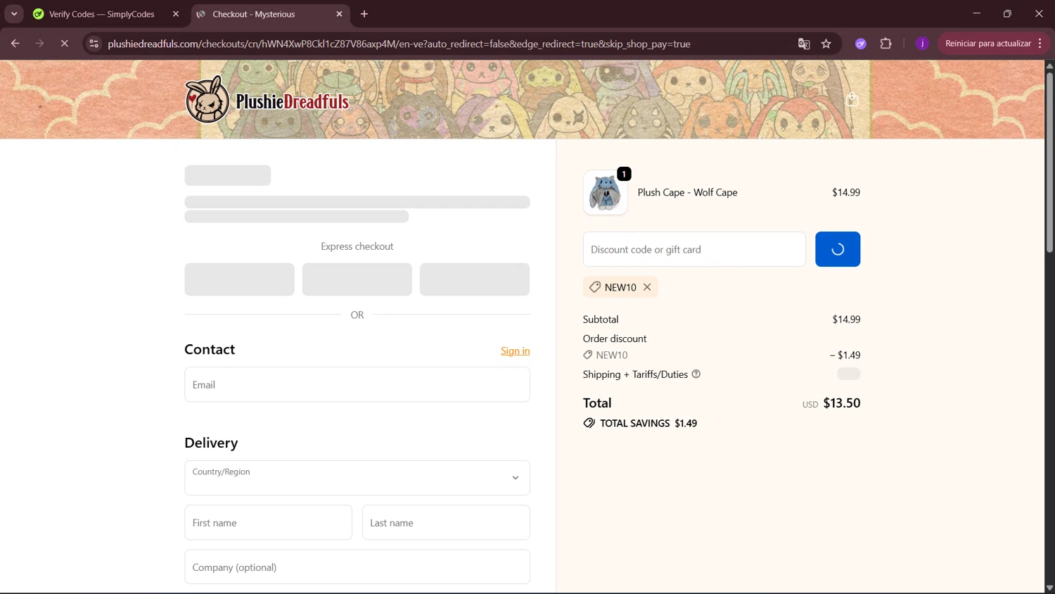 Plushie Dreadfuls Official promo code screenshot showing code NEW10 applied at Plushie Dreadfuls Official checkout page. Uploaded by SimplyCodes community member MagnificentSleuth912 on Oct 26, 2025