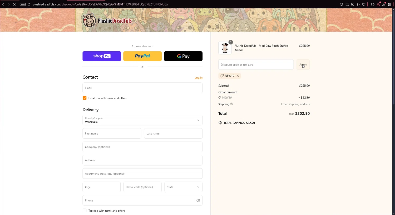 Plushie Dreadfuls Official promo code screenshot showing code NEW10 applied at Plushie Dreadfuls Official checkout page. Uploaded by SimplyCodes community member leonardjose on Apr 18, 2025