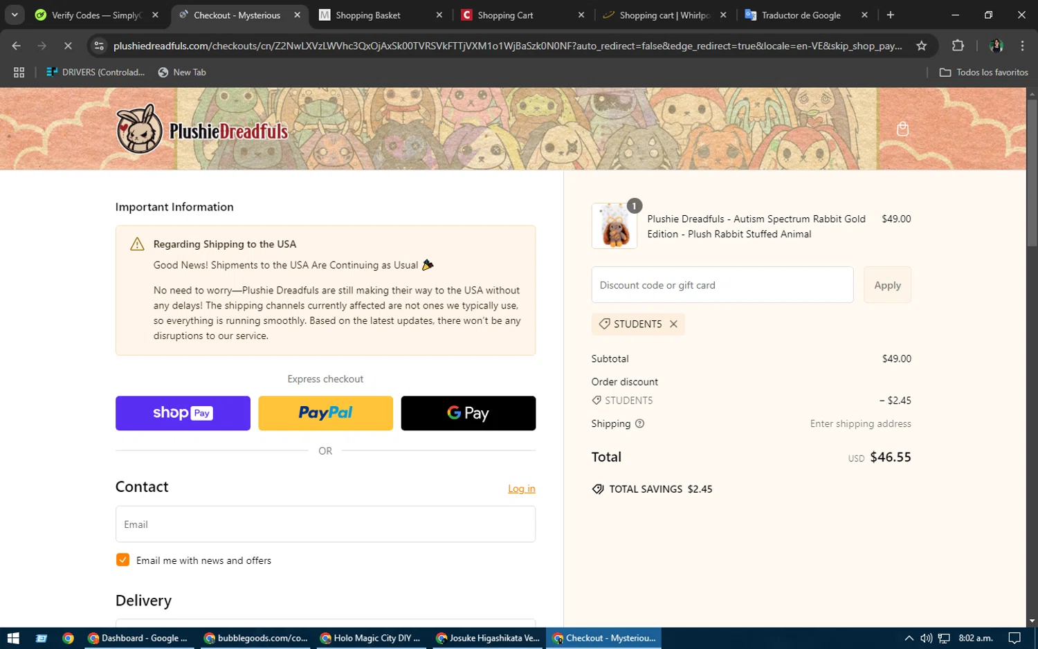 Plushie Dreadfuls Official promo code screenshot showing code student5 applied at Plushie Dreadfuls Official checkout page. Uploaded by SimplyCodes community member TheWizard on Mar 1, 2025