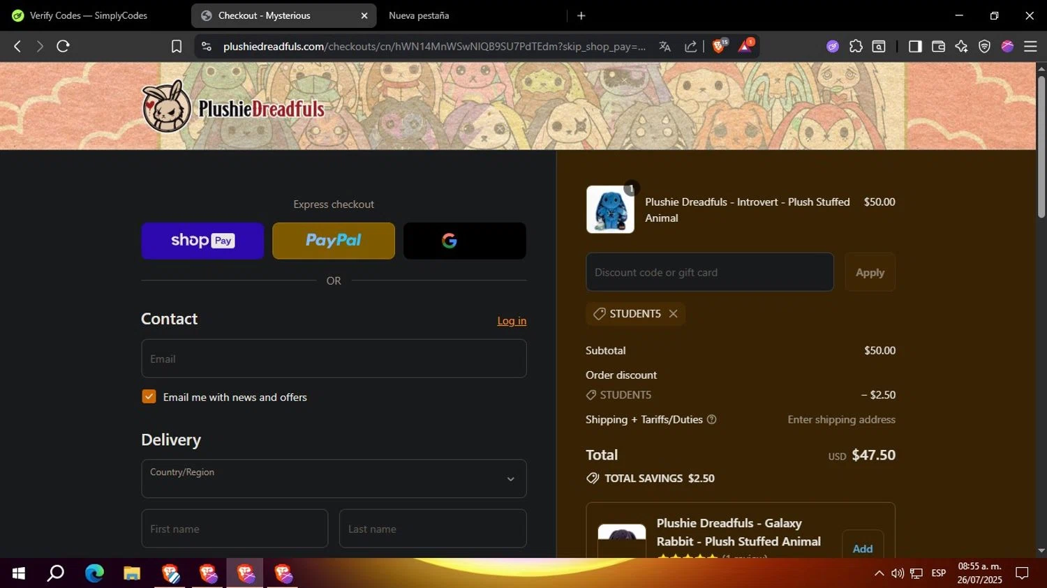 Plushie Dreadfuls Official promo code screenshot showing code student5 applied at Plushie Dreadfuls Official checkout page. Uploaded by SimplyCodes community member Yoseff_3 on Jul 26, 2025